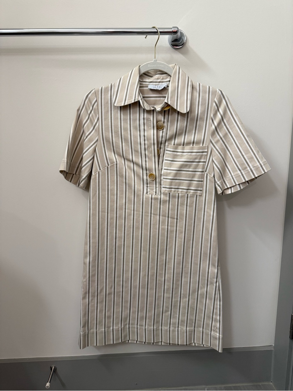 Pearl Striped Dress with collar - Beige & White